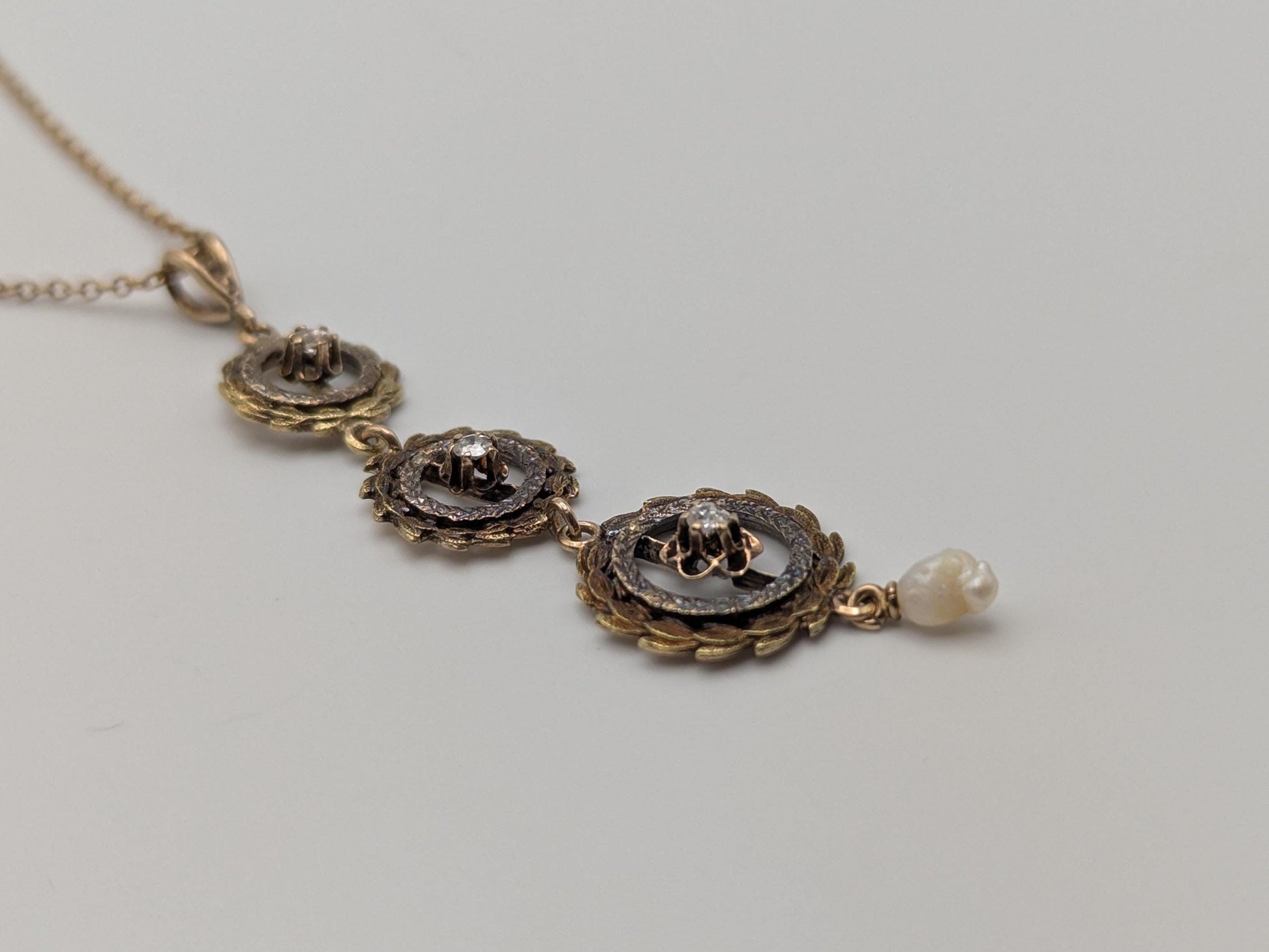 Victorian 10k & 14k Pearl Lavaliere Diamond Necklace. Vintage Victorian Necklace. 19"