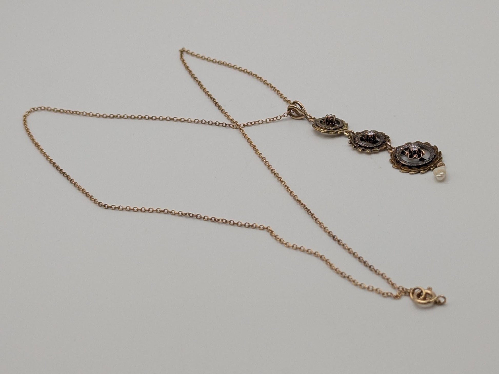 Victorian 10k & 14k Pearl Lavaliere Diamond Necklace. Vintage Victorian Necklace. 19"