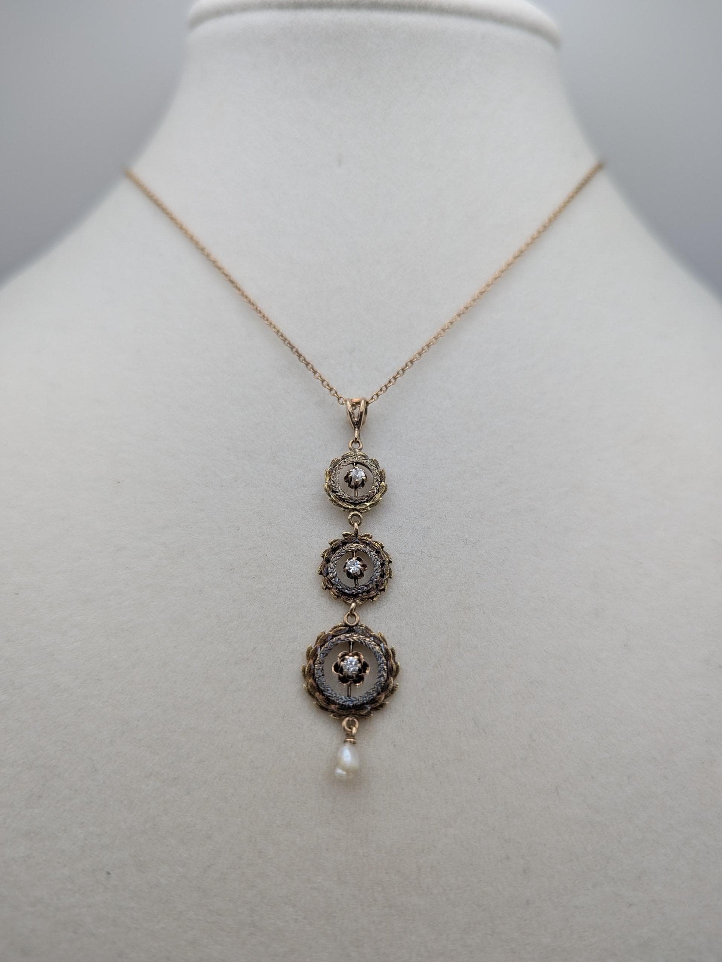 Victorian 10k & 14k Pearl Lavaliere Diamond Necklace. Vintage Victorian Necklace. 19"