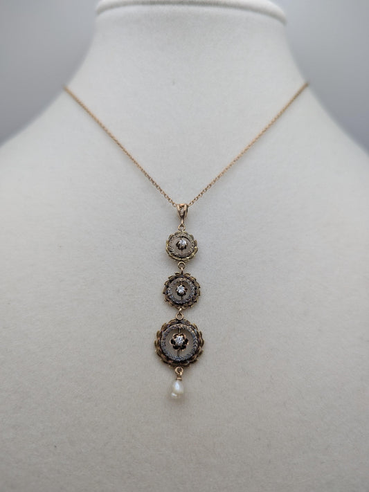 Victorian 10k & 14k Pearl Lavaliere Diamond Necklace. Vintage Victorian Necklace. 19"
