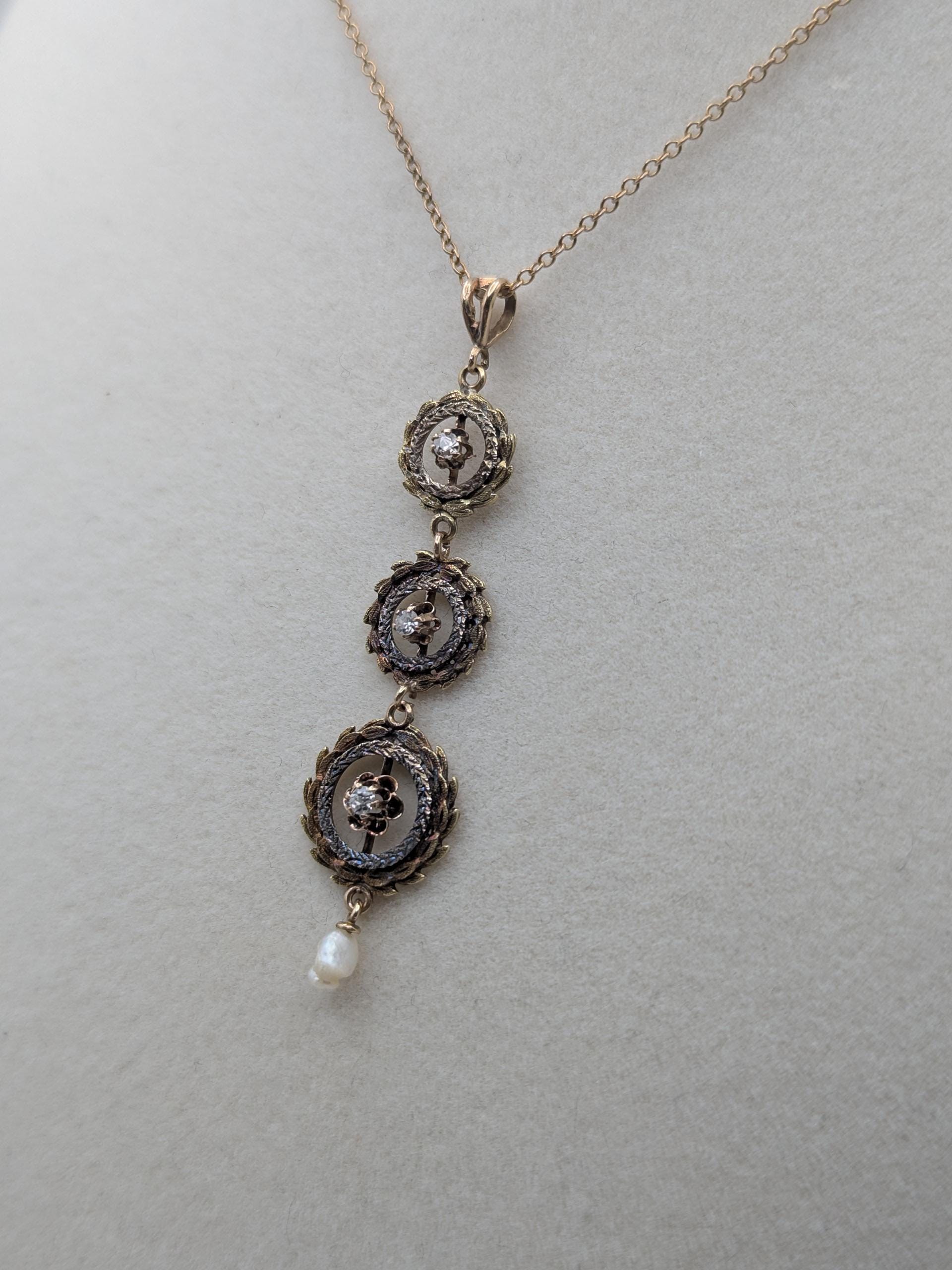 Victorian 10k & 14k Pearl Lavaliere Diamond Necklace. Vintage Victorian Necklace. 19"