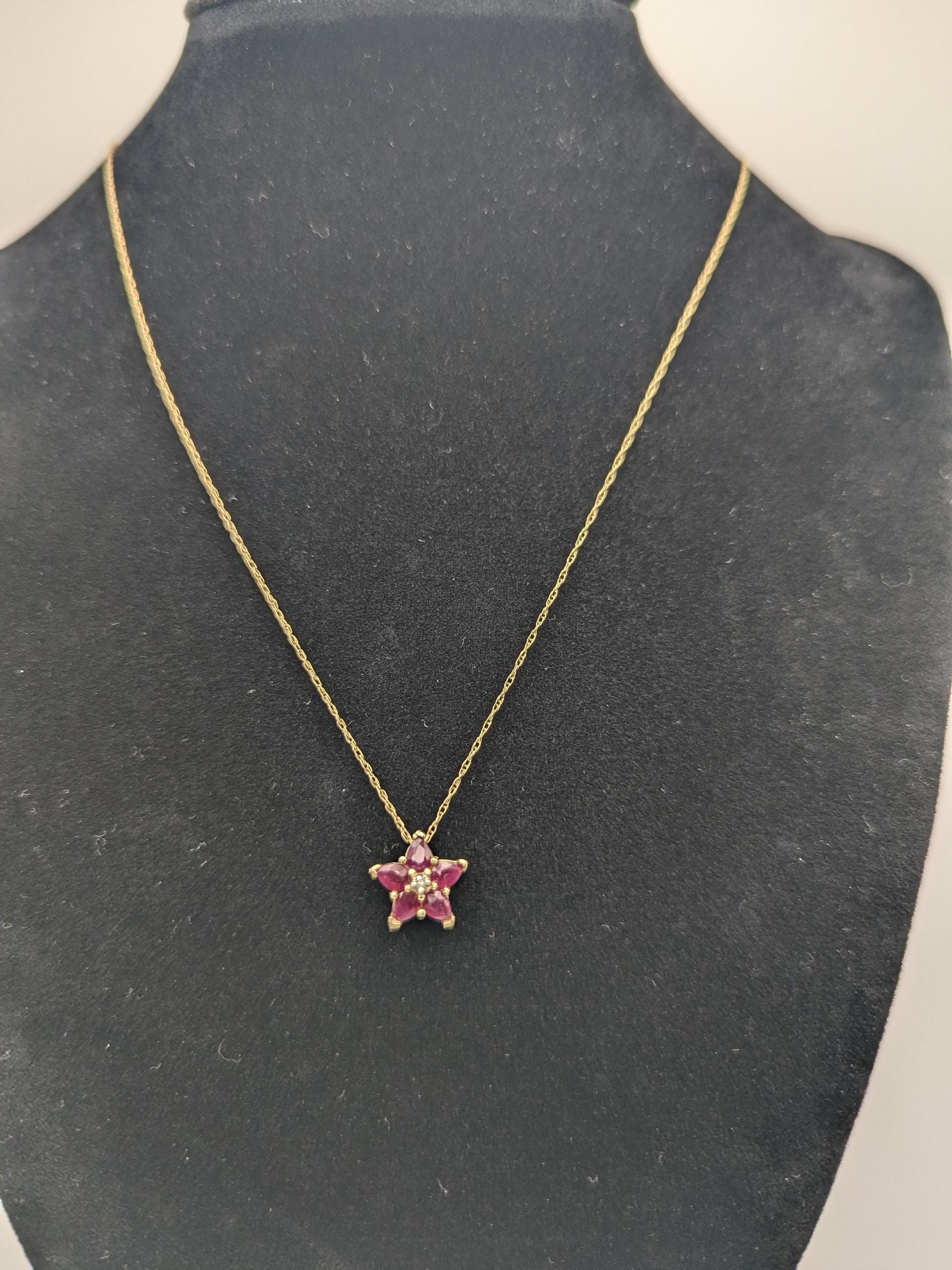 10k Gold Diamond & Ruby Flower Necklace Pendant Yellow Gold Chain