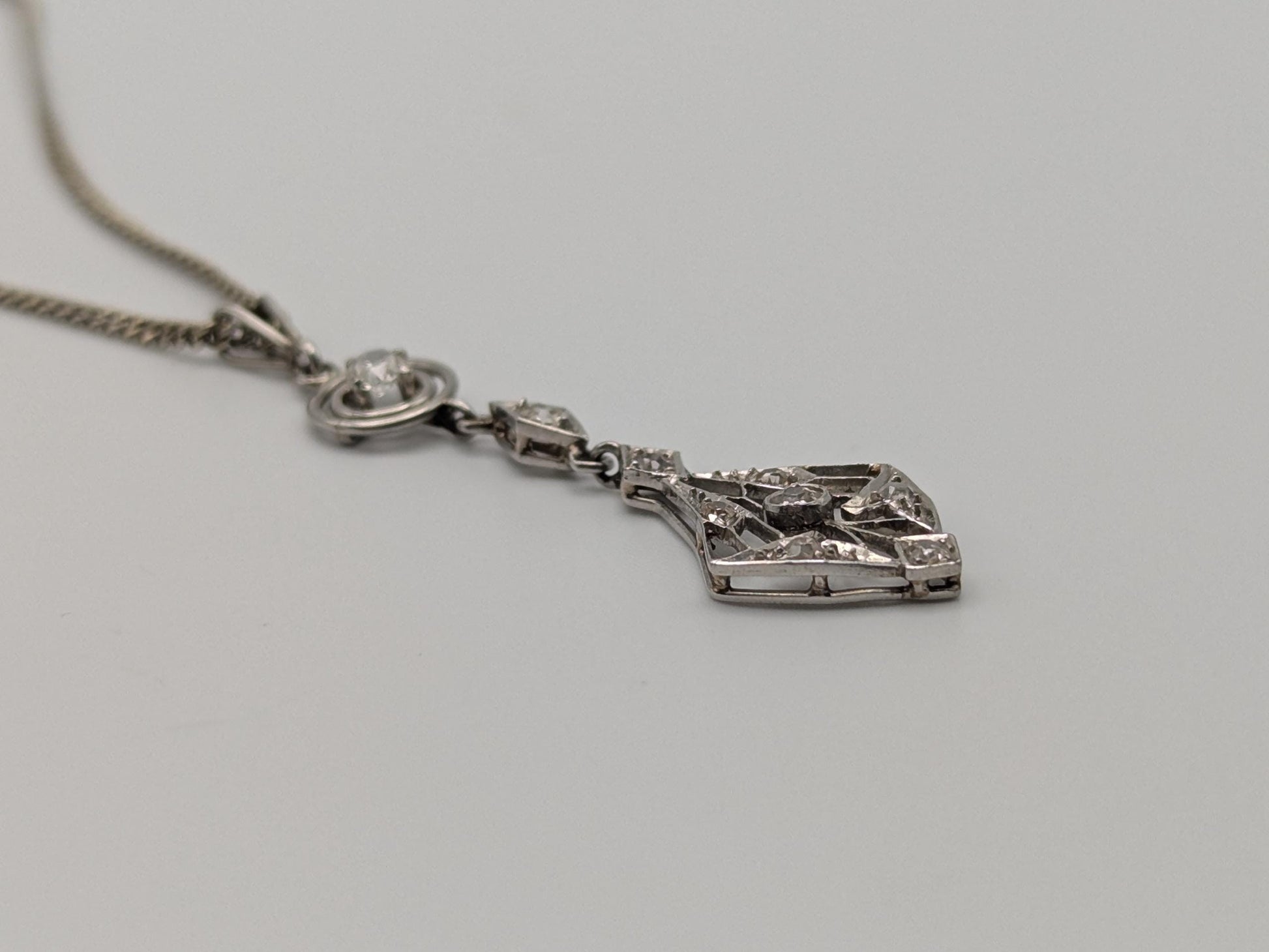 Platinum Pendant Lavaliere Diamond 14k Gold Necklace Chain Vintage Victorian Necklace. 15"