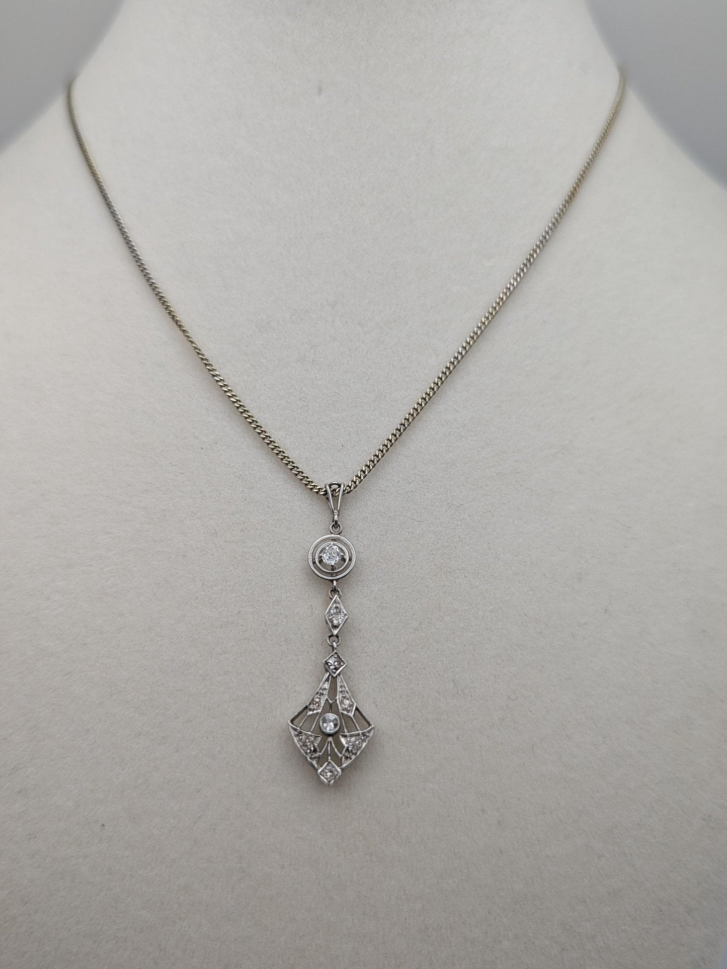 Platinum Pendant Lavaliere Diamond 14k Gold Necklace Chain Vintage Victorian Necklace. 15"