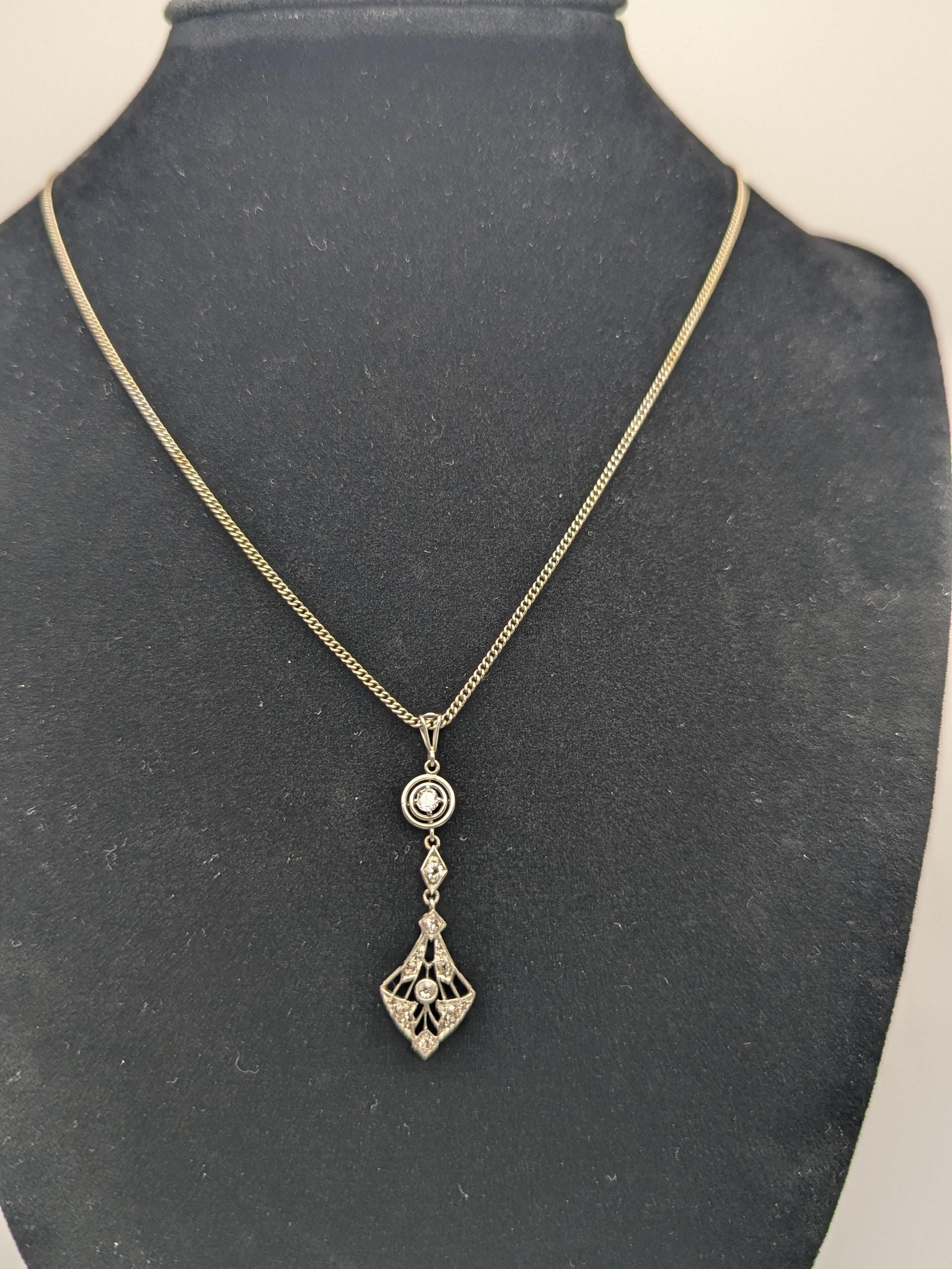 Platinum Pendant Lavaliere Diamond 14k Gold Necklace Chain Vintage Victorian Necklace. 15"