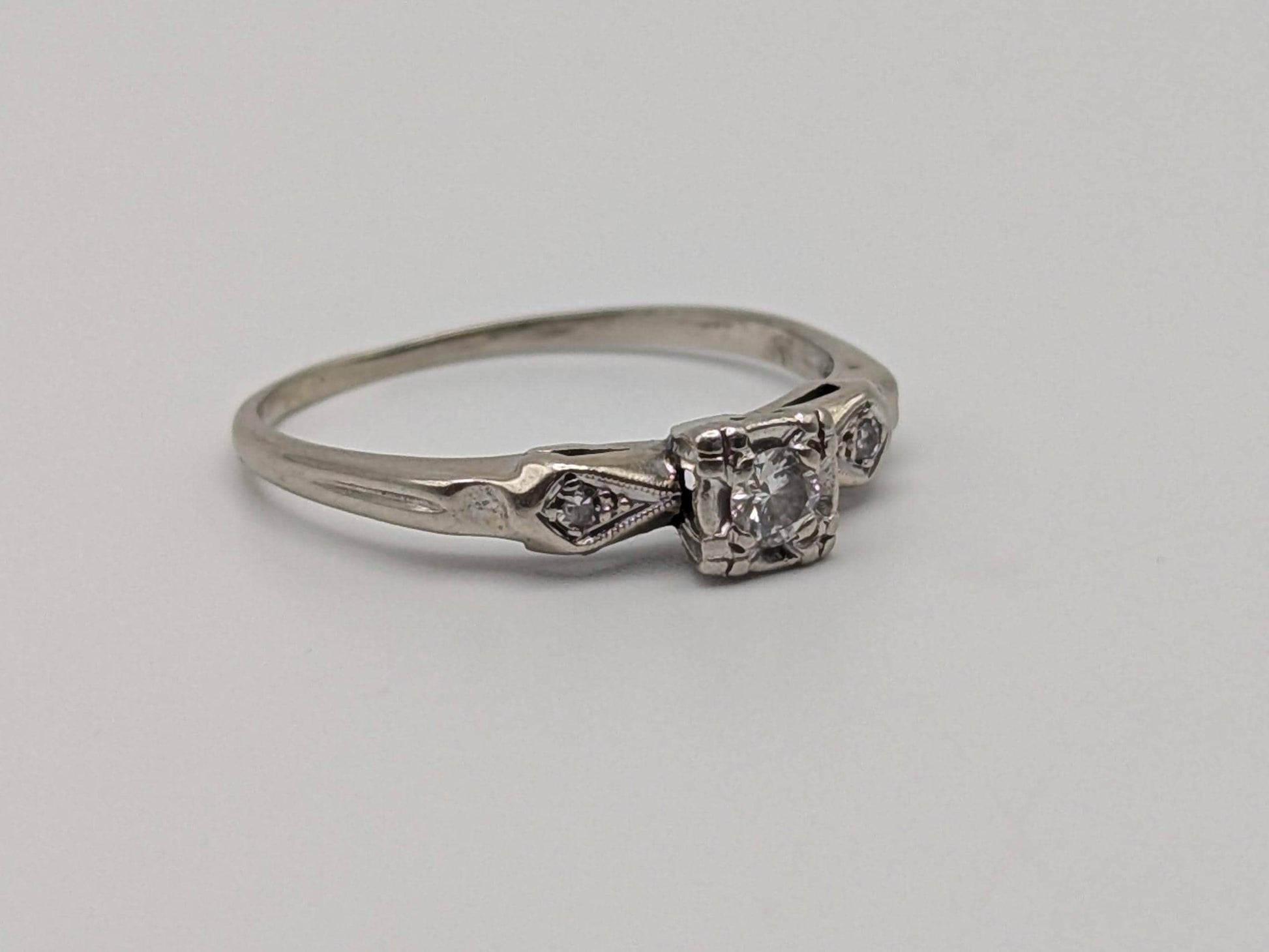 Art Deco 14k White Gold Cathedral Diamond Engagement Wedding Ring