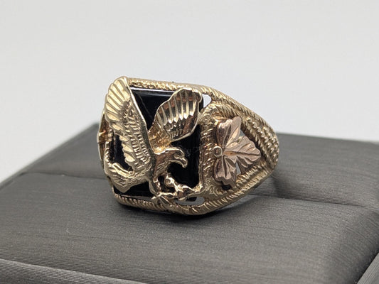 10k 12k Black Hills Gold Heavy 7.1 gr Onyx Gold Flying Eagle Ring Mens Signet Ring