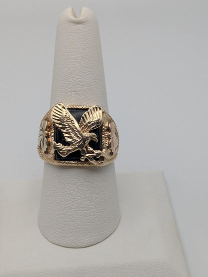 10k 12k Black Hills Gold Heavy 7.1 gr Onyx Gold Flying Eagle Ring Mens Signet Ring