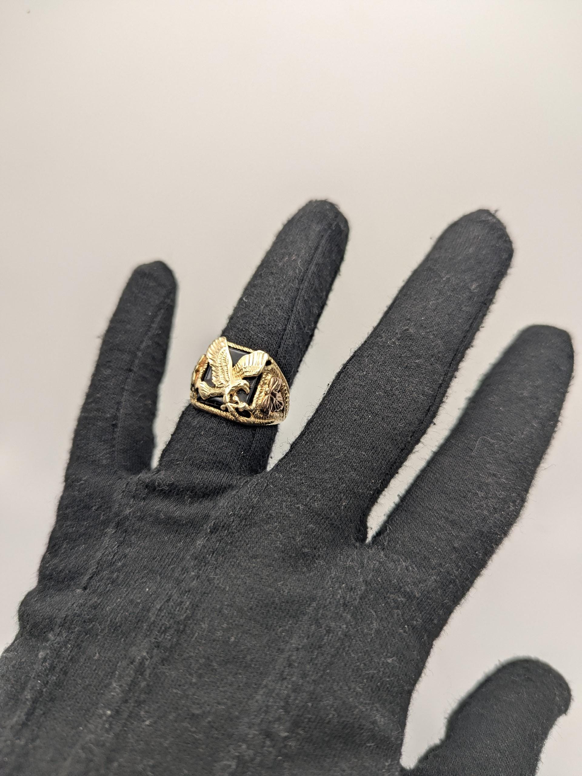 10k 12k Black Hills Gold Heavy 7.1 gr Onyx Gold Flying Eagle Ring Mens Signet Ring