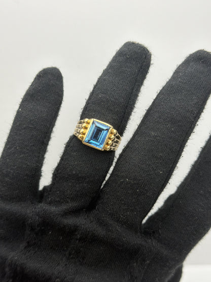 10k Yellow Gold Blue Topaz Ring. Vintage Statement Ring.