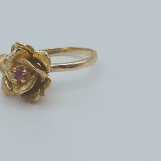 14k Yellow Gold Rose Ruby Ring. 14k Ruby Ring Set in Gold Rose. Womens Rose Ring. Ruby Rose Engagement Ring. 14k Flower Ruby Ring.