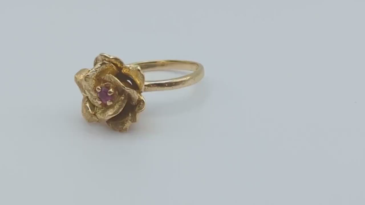 14k Yellow Gold Rose Ruby Ring. 14k Ruby Ring Set in Gold Rose. Womens Rose Ring. Ruby Rose Engagement Ring. 14k Flower Ruby Ring.