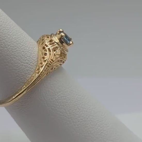 14k Yellow Gold Blue Sapphire Filigree Ring. 14k Sapphire Ring. 14k Solitaire Sapphire Yellow Gold Ring.