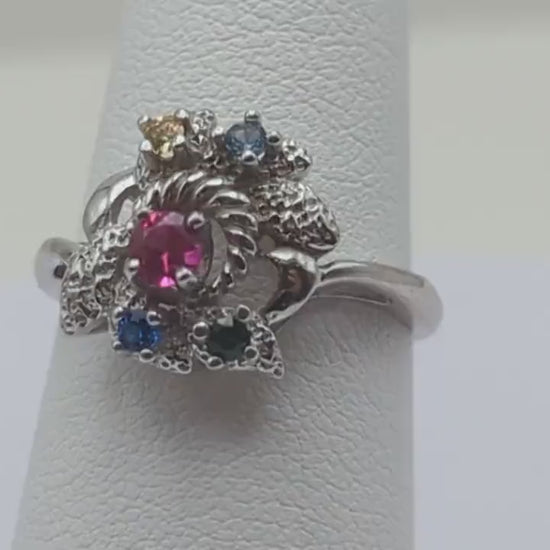 10k White Gold Vintage Mothers Ring. 10k White Gold Multi-Gem Cluster Band. 10k Gemstone Cluster Flower Ring.