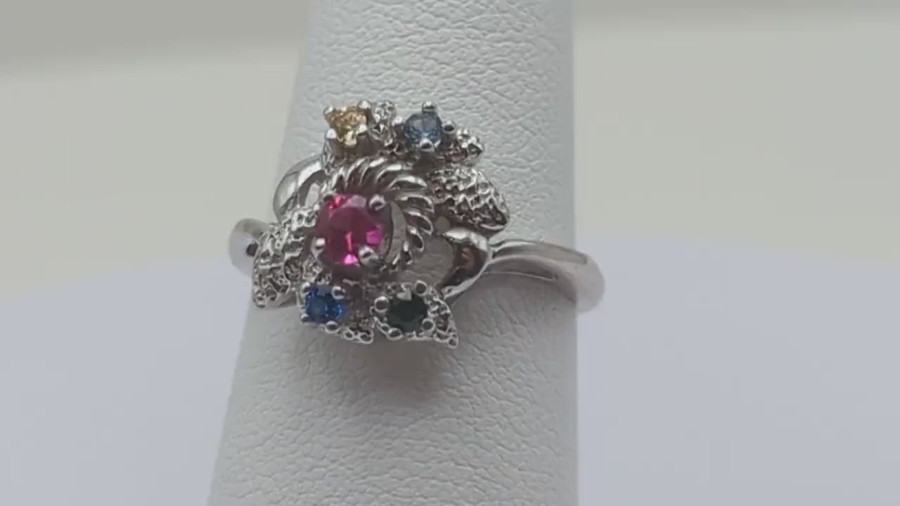 10k White Gold Vintage Mothers Ring. 10k White Gold Multi-Gem Cluster Band. 10k Gemstone Cluster Flower Ring.