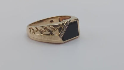 Vintage 5.7gr Yellow Gold 10k Rectangle Black Onyx and Diamond Nugget Ring Midnight Black Onyx Diamond Ring. 10k Diamond Onyx Signet Ring