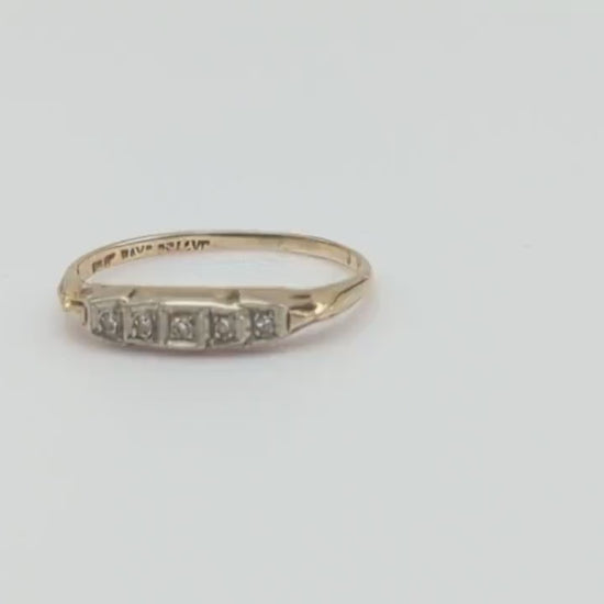 1930s Art Deco 5 Diamonds 10k Engagement RIng, Edwardian Diamond Wedding Band Yellow and White gold Diamond Eternity Band