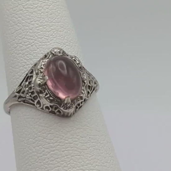 10k White Gold Womens OVAL Cabochon Tourmaline Ring. 10k Pink Tourmaline Filigree Ring. Tourmaline Art Deco Ring. 10k Pink Stone Pinky Ring