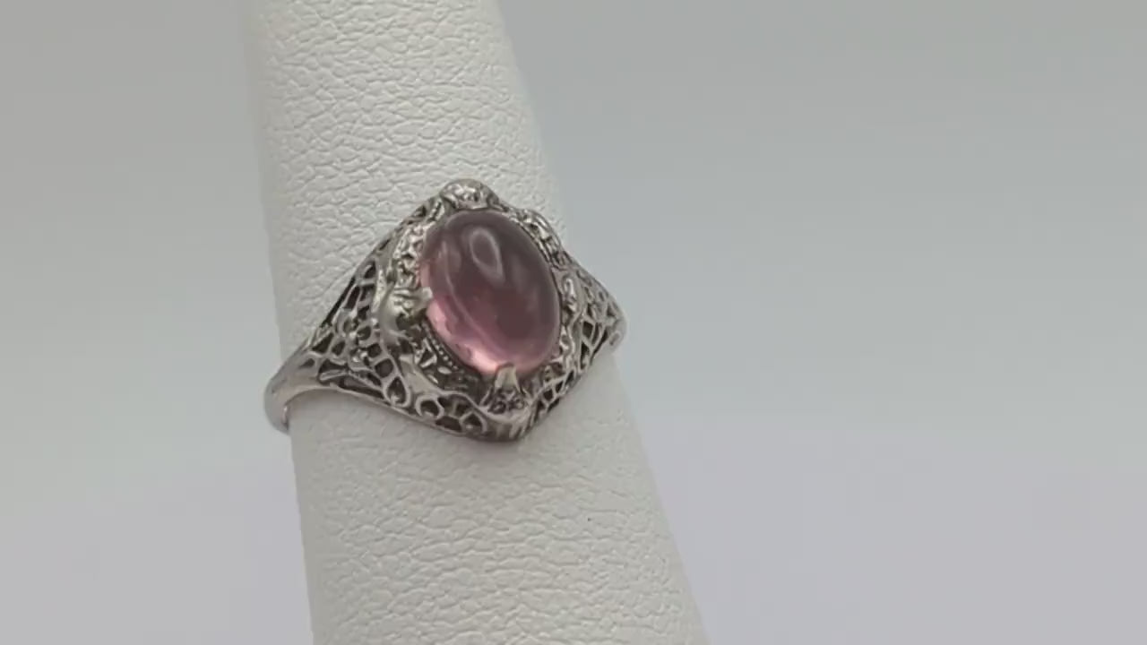 10k White Gold Womens OVAL Cabochon Tourmaline Ring. 10k Pink Tourmaline Filigree Ring. Tourmaline Art Deco Ring. 10k Pink Stone Pinky Ring