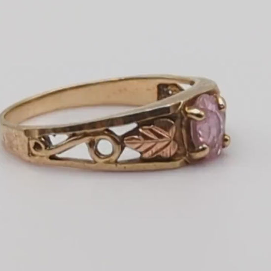 10k Black Hills Gold Pink Stone Ring. 10k Leaf Pink Stone Vine Ring. 10k Womens Black Hills Vine Ring.