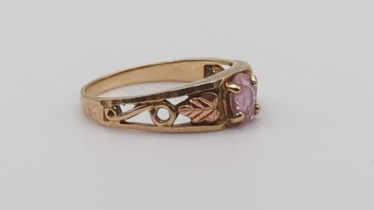 10k Black Hills Gold Pink Stone Ring. 10k Leaf Pink Stone Vine Ring. 10k Womens Black Hills Vine Ring.