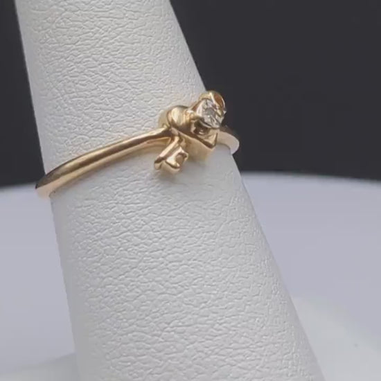 14k Gold Heart with Diamond and Key Ring. 14k Dainty Heart Diamond Ring. 14k Minimalist Gold Heart Lock Ring. 14k Diamond Heart Lock Ring.