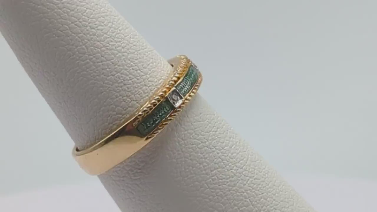 14k Green Enamel Bezel Set Diamond Ring. 14k Diamond Bezel Set Ring. 14k Green Enamel Ring.