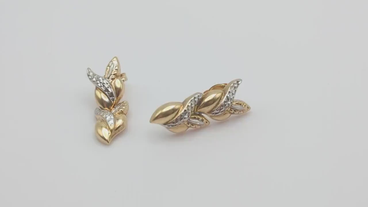 Large Vintage 10k White & Yellow Gold Wheat Stem Drop Earrings. 10k Solid Multi Color Gold Wheat Dangle Earrings 10k Wheat Stem Earrings