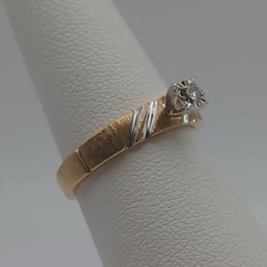 10k Yellow and White Gold Textured Diamond Solitaire Ring. Yellow and White Gold Diamond Wedding Band. Diamond Promise Ring Engagement Ring