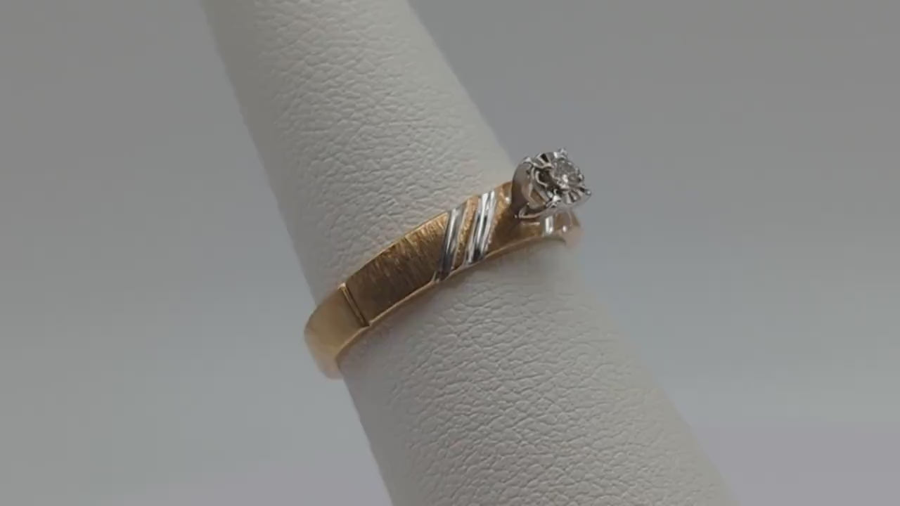 10k Yellow and White Gold Textured Diamond Solitaire Ring. Yellow and White Gold Diamond Wedding Band. Diamond Promise Ring Engagement Ring