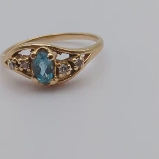 Vintage 14k Swiss Blue Topaz Diamond Ring. 14k Yellow Gold Womens Swiss Blue Topaz Diamond Ring. Engagement Band Topaz Promise Ring