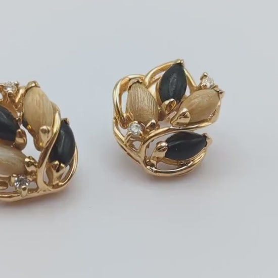 Vintage Unique 14k Yellow Gold Black Onyx Wood Jasper Wheat Earrings