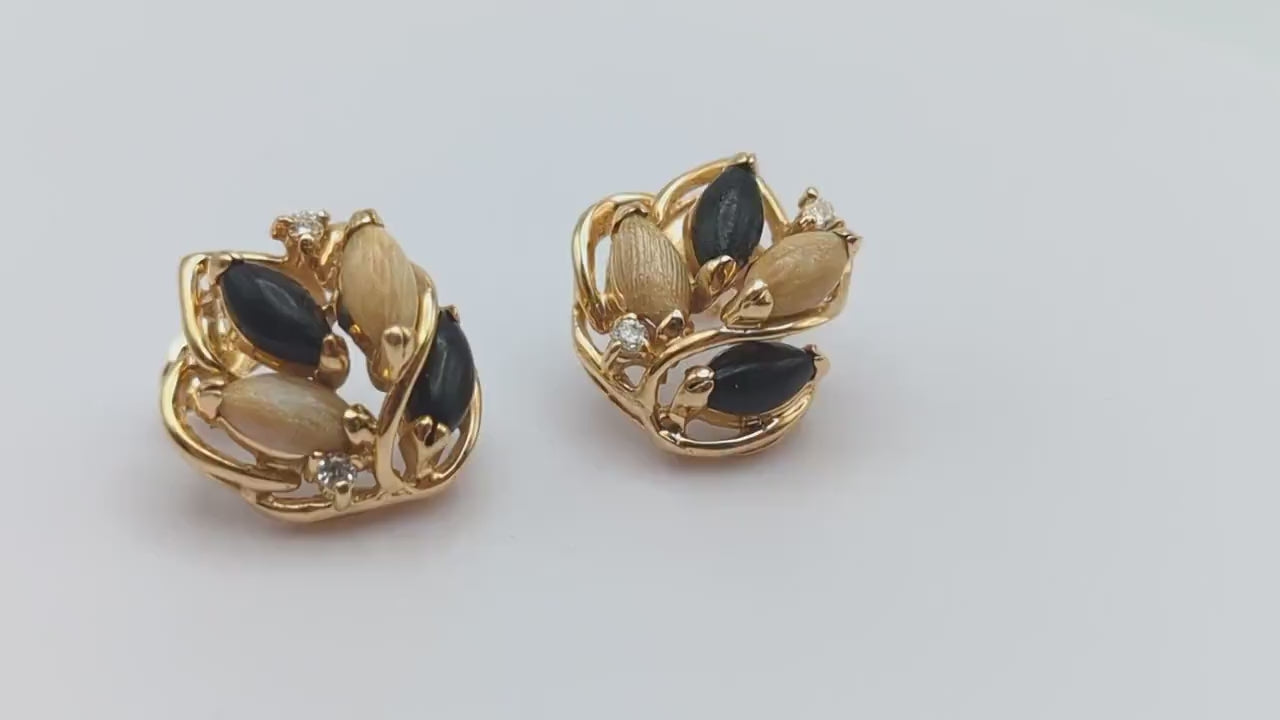 Vintage Unique 14k Yellow Gold Black Onyx Wood Jasper Wheat Earrings