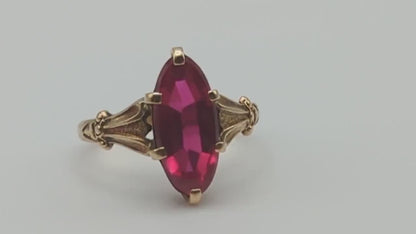 1030s Antique 10k Large Ruby Ring. 10k Victorian Marquise Ruby Ring. 10k Ruby Pinky ring. Marquise Navette Ruby Ring
