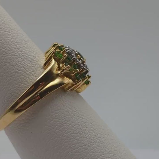 14k Tsavorite Garnet Diamond Halo Cluster Ring. Vintage Tsavorite Garnet Engagment Ring. 14k Gold Green Garnet Bridal Promise Ring.