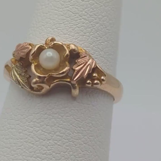 10k Landstroms Black Hills Gold Tri Colored 10k Leaf Pear Flower Ring. Womens Blacks Hills Trio Gold Pearl Flower Ring. Pearl Flower Ring.