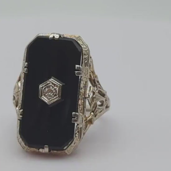 1930s Art Deco 14k White Gold Onyx and Diamond Ring. 14k Filigree White Gold Onyx and Diamond ring. Mourning Victorian Antique ring