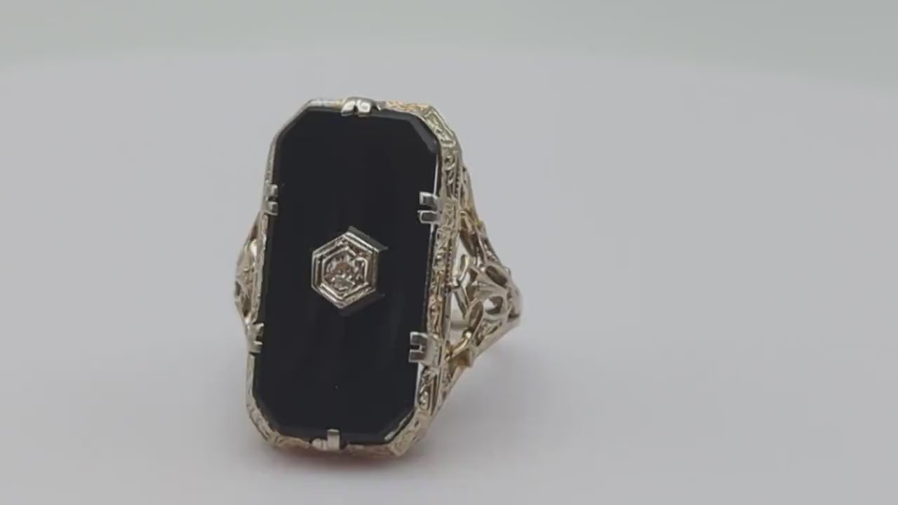 1930s Art Deco 14k White Gold Onyx and Diamond Ring. 14k Filigree White Gold Onyx and Diamond ring. Mourning Victorian Antique ring