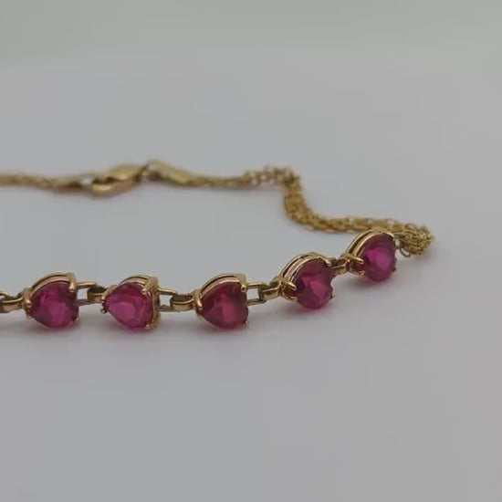 10k Yellow Gold 6 Ruby Heart Bracelet. Womens Ruby Heart Bracelet. 10k Womens 6 Heart Yellow Gold Bracelet. 10k Ruby Heart Bracelet.