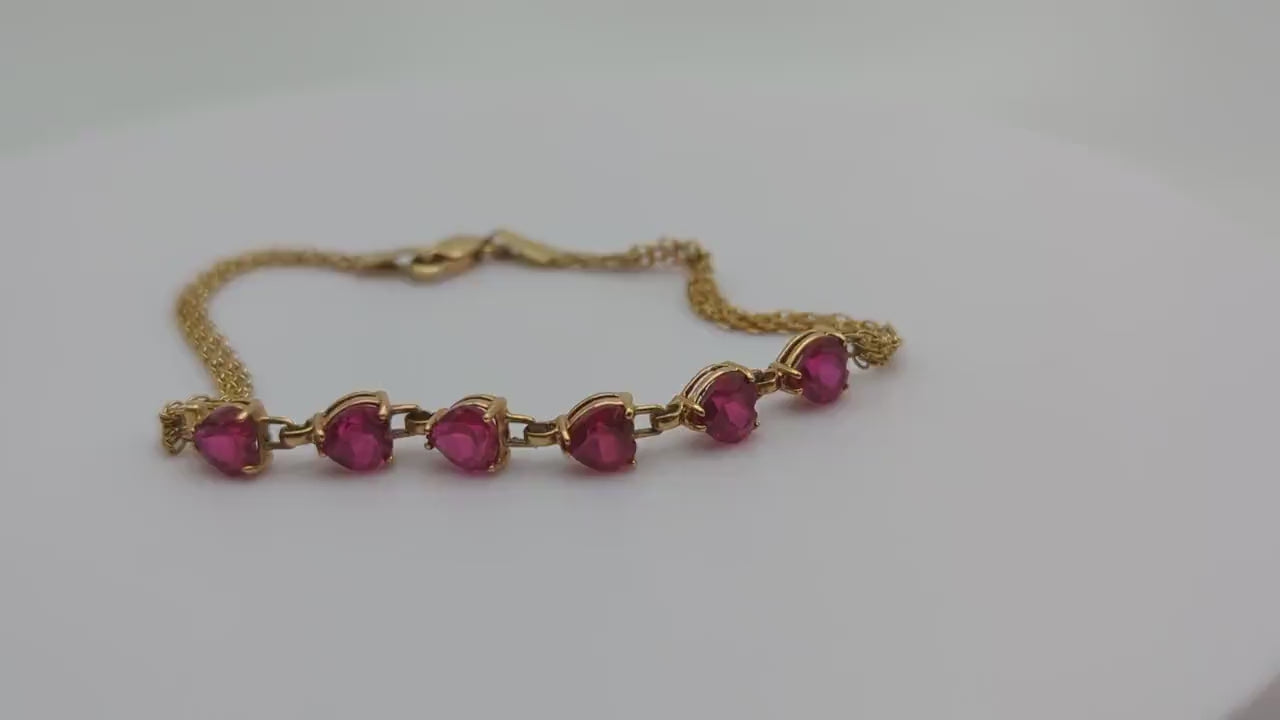 10k Yellow Gold 6 Ruby Heart Bracelet. Womens Ruby Heart Bracelet. 10k Womens 6 Heart Yellow Gold Bracelet. 10k Ruby Heart Bracelet.