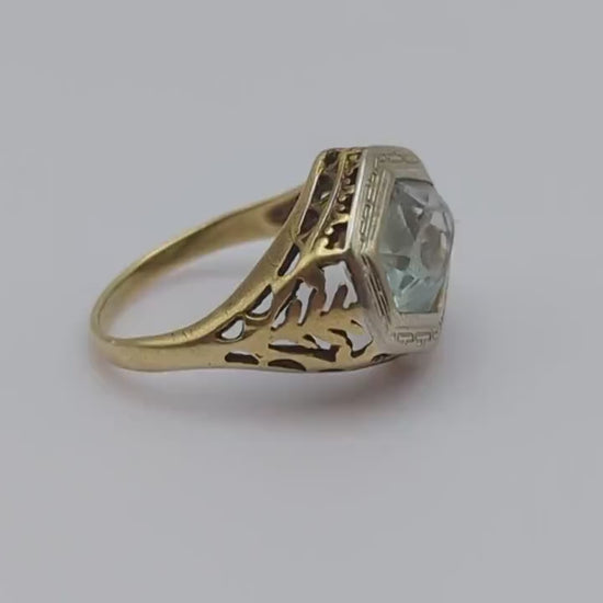 Antique 1900s 14k Yellow Gold Aquamarine Filigree Ring. Aquamarine Ring. Vintage 14k Yellow Gold Filigree Aquamarine Ring.