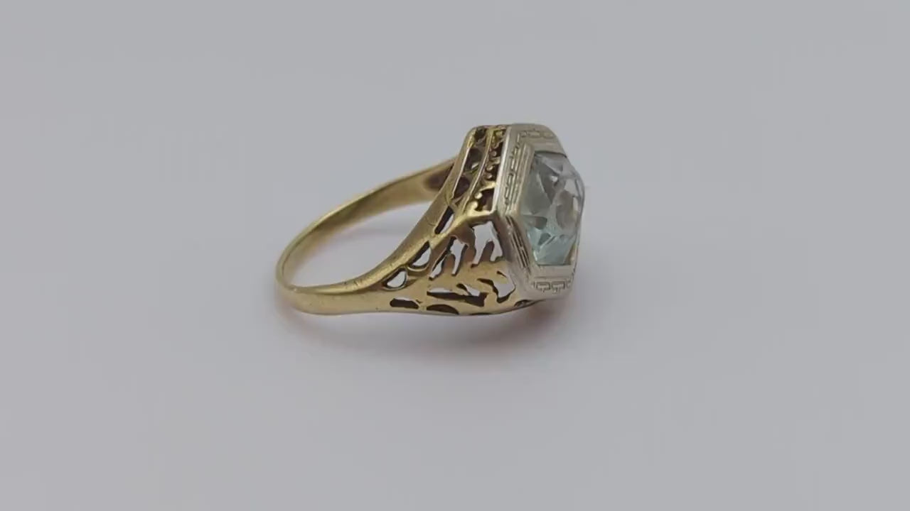 Antique 1900s 14k Yellow Gold Aquamarine Filigree Ring. Aquamarine Ring. Vintage 14k Yellow Gold Filigree Aquamarine Ring.