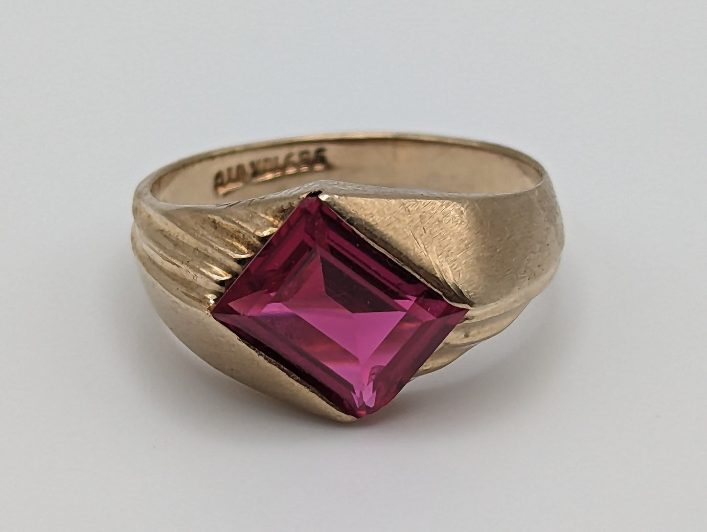 10k Ruby Ring. Emerald Cut Ruby Ring. LC Ruby Pinkie ring. Ruby Pinky ring. Diagonal ruby ring bezel set.