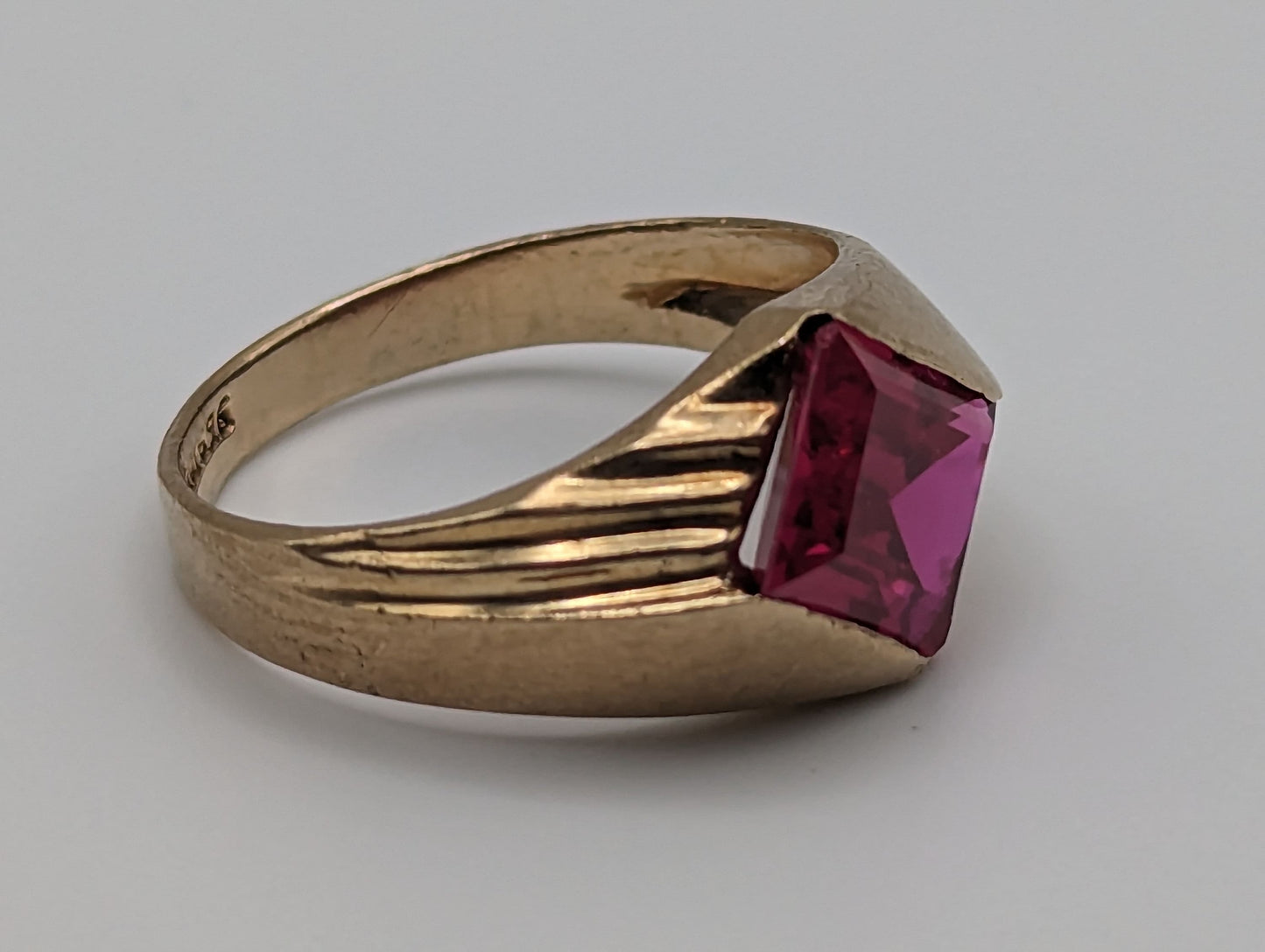 10k Ruby Ring. Emerald Cut Ruby Ring. LC Ruby Pinkie ring. Ruby Pinky ring. Diagonal ruby ring bezel set.