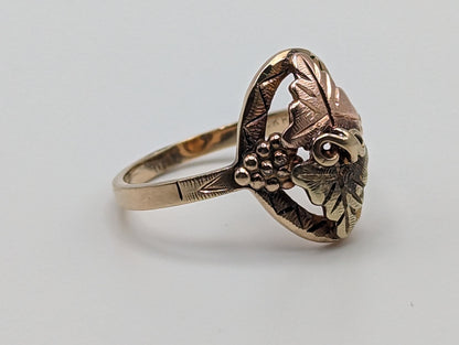 Black Hills Gold Ring. 10k Multi-tone Gold Black Hills Signet Ring. 10k/12k Black Hill Band. Rose Gold Flower Vine Ring.