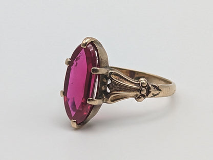 1030s Antique 10k Large Ruby Ring. 10k Victorian Marquise Ruby Ring. 10k Ruby Pinky ring. Marquise Navette Ruby Ring