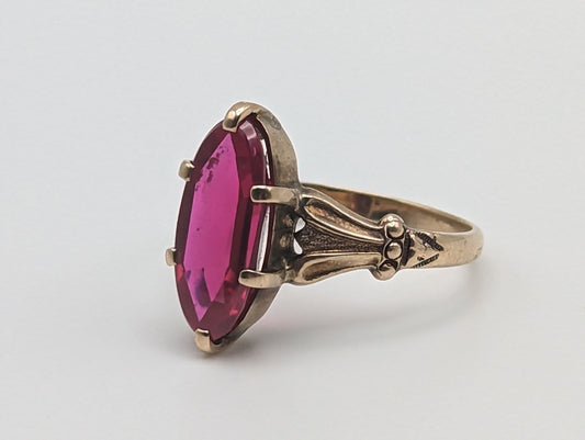 1030s Antique 10k Large Ruby Ring. 10k Victorian Marquise Ruby Ring. 10k Ruby Pinky ring. Marquise Navette Ruby Ring