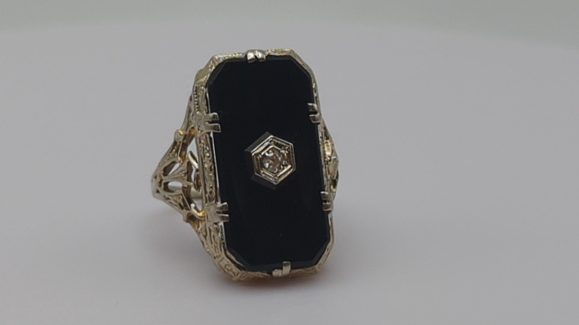 1930s Art Deco 14k White Gold Onyx and Diamond Ring. 14k Filigree White Gold Onyx and Diamond ring. Mourning Victorian Antique ring