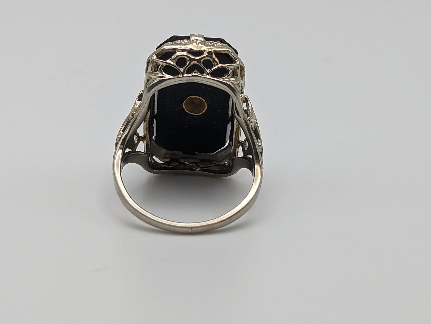 1930s Art Deco 14k White Gold Onyx and Diamond Ring. 14k Filigree White Gold Onyx and Diamond ring. Mourning Victorian Antique ring