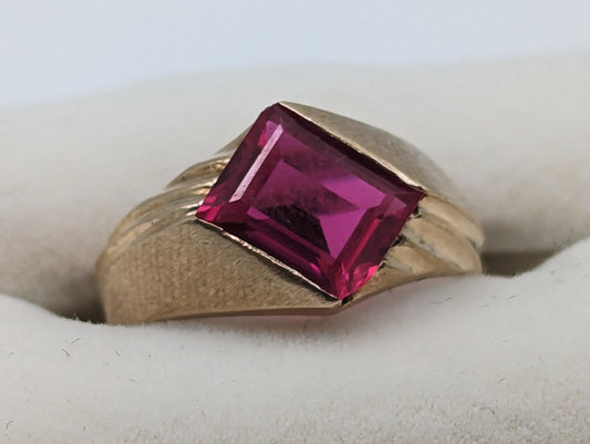 10k Ruby Ring. Emerald Cut Ruby Ring. LC Ruby Pinkie ring. Ruby Pinky ring. Diagonal ruby ring bezel set.